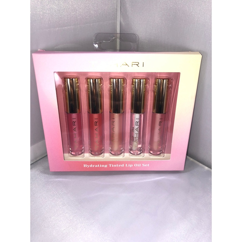 Tahari 5 Piece Hydrating Tinted Lip Oil Set Malibu Pink Cherry Red Peach Quartz